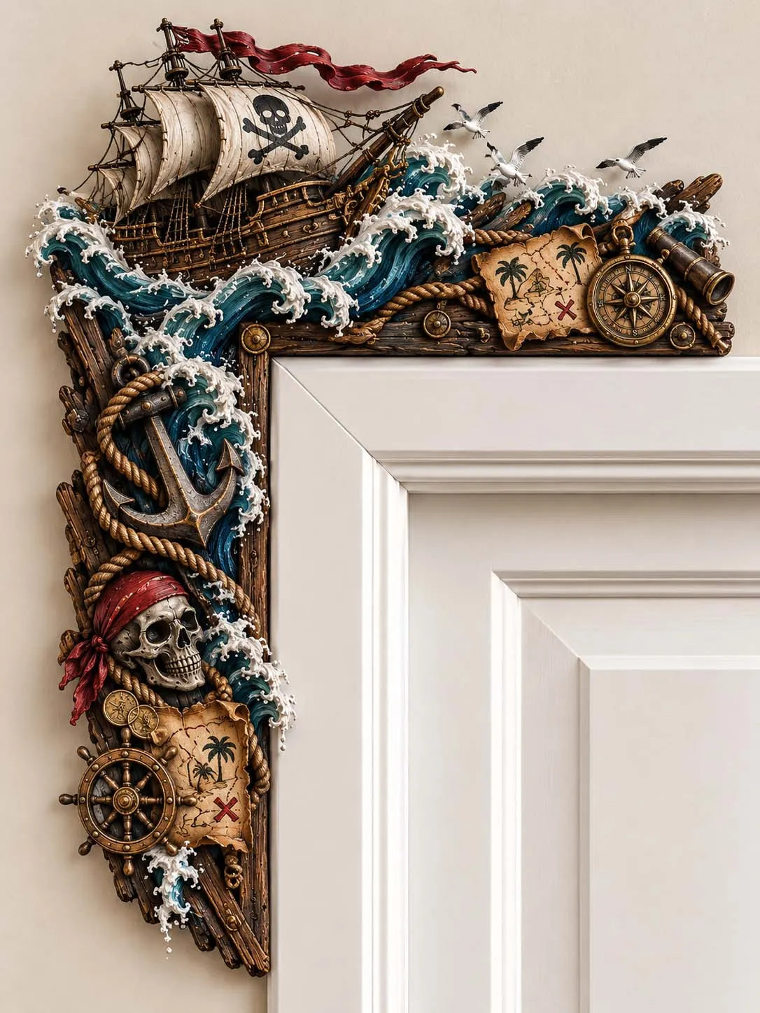🏴☠️ ⚓ Ahoy! Pirate Ship & Skull Door Corner 🦜 Treasure Map & Compass Nautical Decor