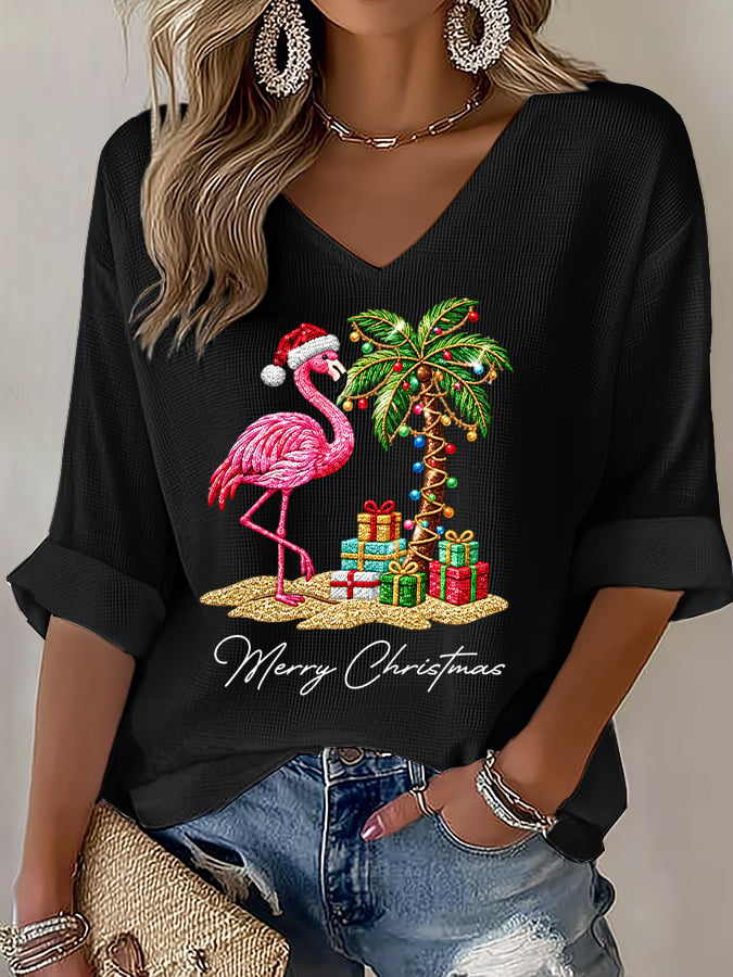 Women's Flamingo Christmas Print V Neck Top