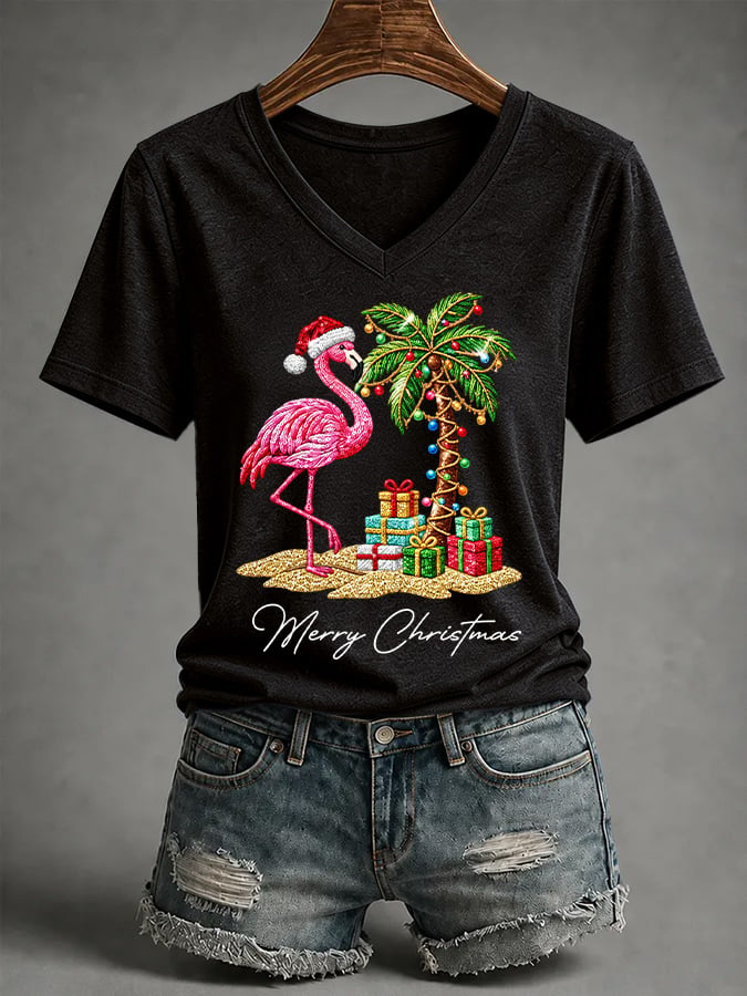 Women's Flamingo Christmas Print Casual T-shirt