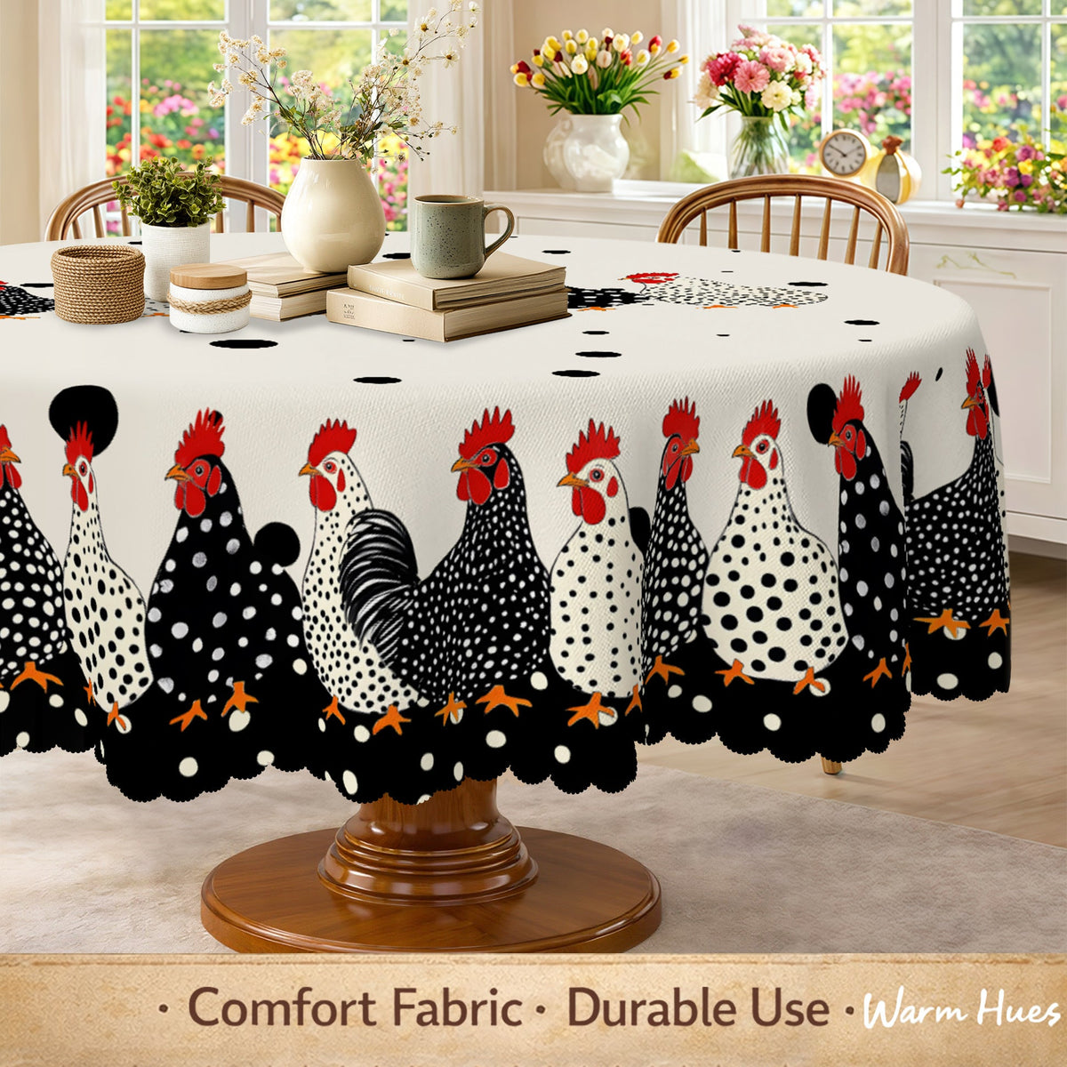Farmhouse Polka Dot Rooster Tablecloth – Rustic Kitchen & Dining Decor