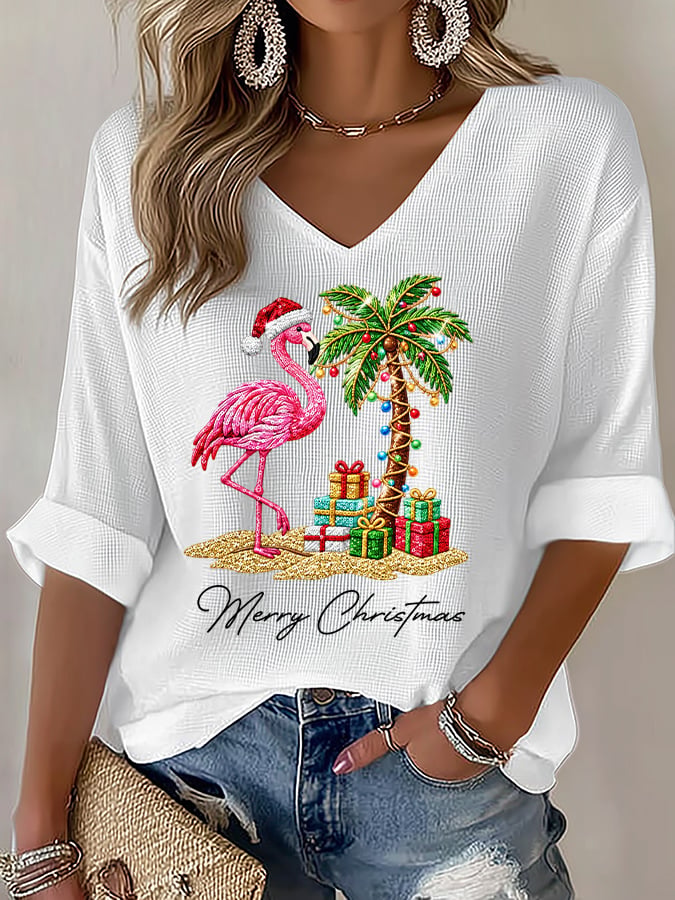 Women's Flamingo Christmas Print V Neck Top
