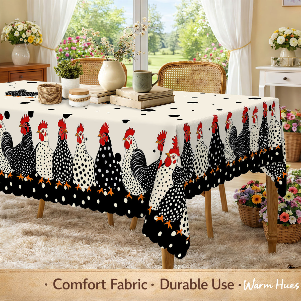 Farmhouse Polka Dot Rooster Tablecloth – Rustic Kitchen & Dining Decor