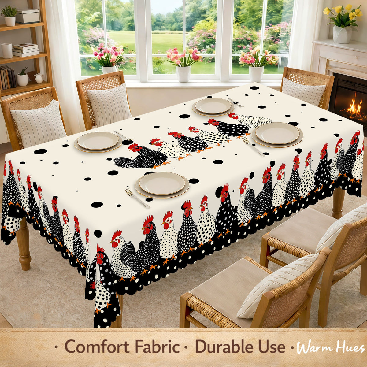 Farmhouse Polka Dot Rooster Tablecloth – Rustic Kitchen & Dining Decor
