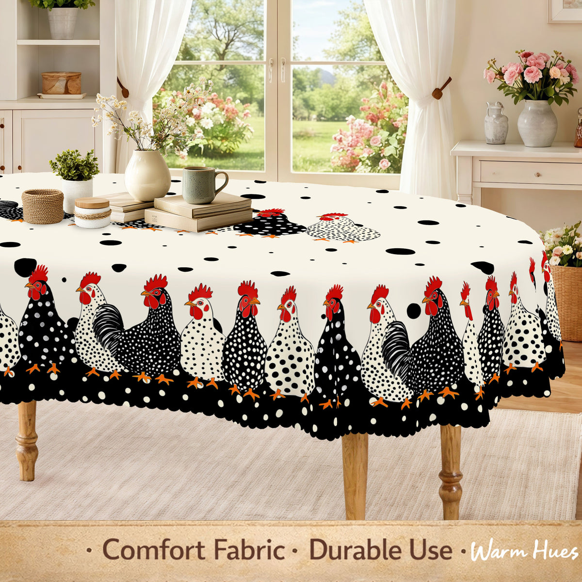 Farmhouse Polka Dot Rooster Tablecloth – Rustic Kitchen & Dining Decor