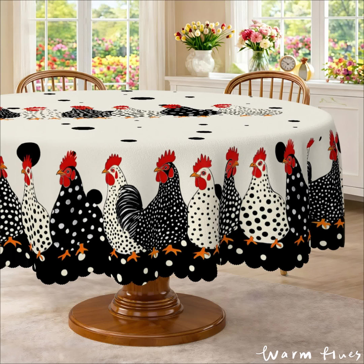 Farmhouse Polka Dot Rooster Tablecloth – Rustic Kitchen & Dining Decor