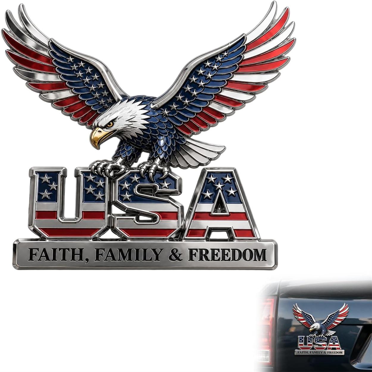 USA Faith, Family & Freedom Eagle Metal Emblem - Patriotic 3D Car Decal
