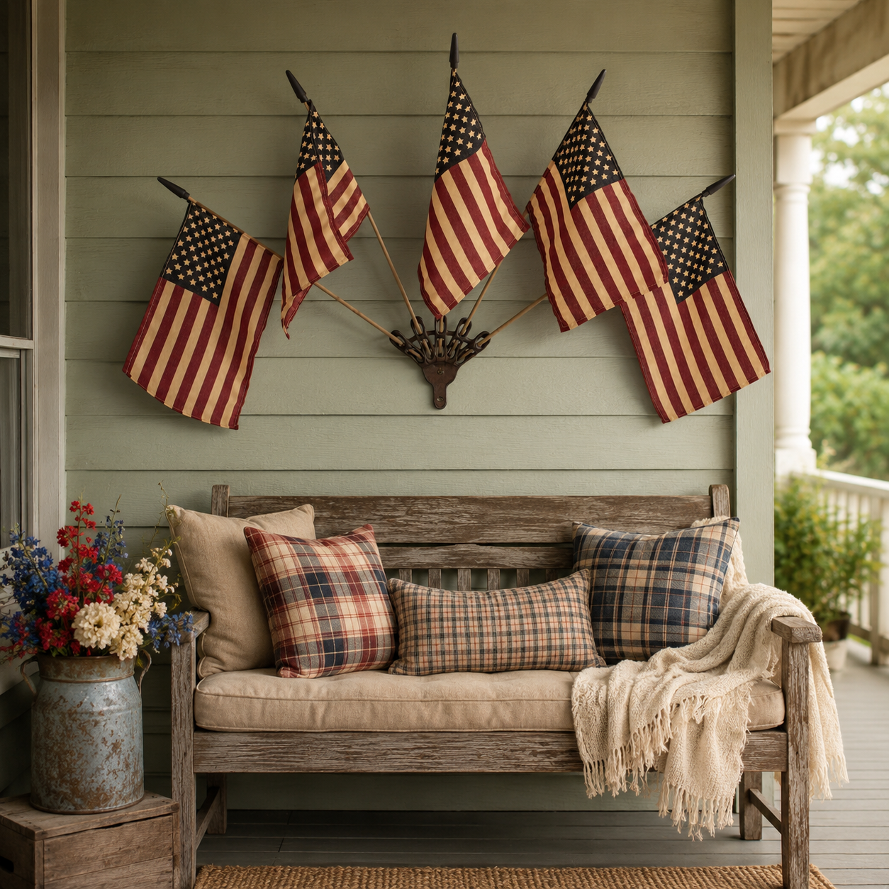 Rustic American Flag Wall Display – Five Tea-Stained Flags In Cast Iron Holder