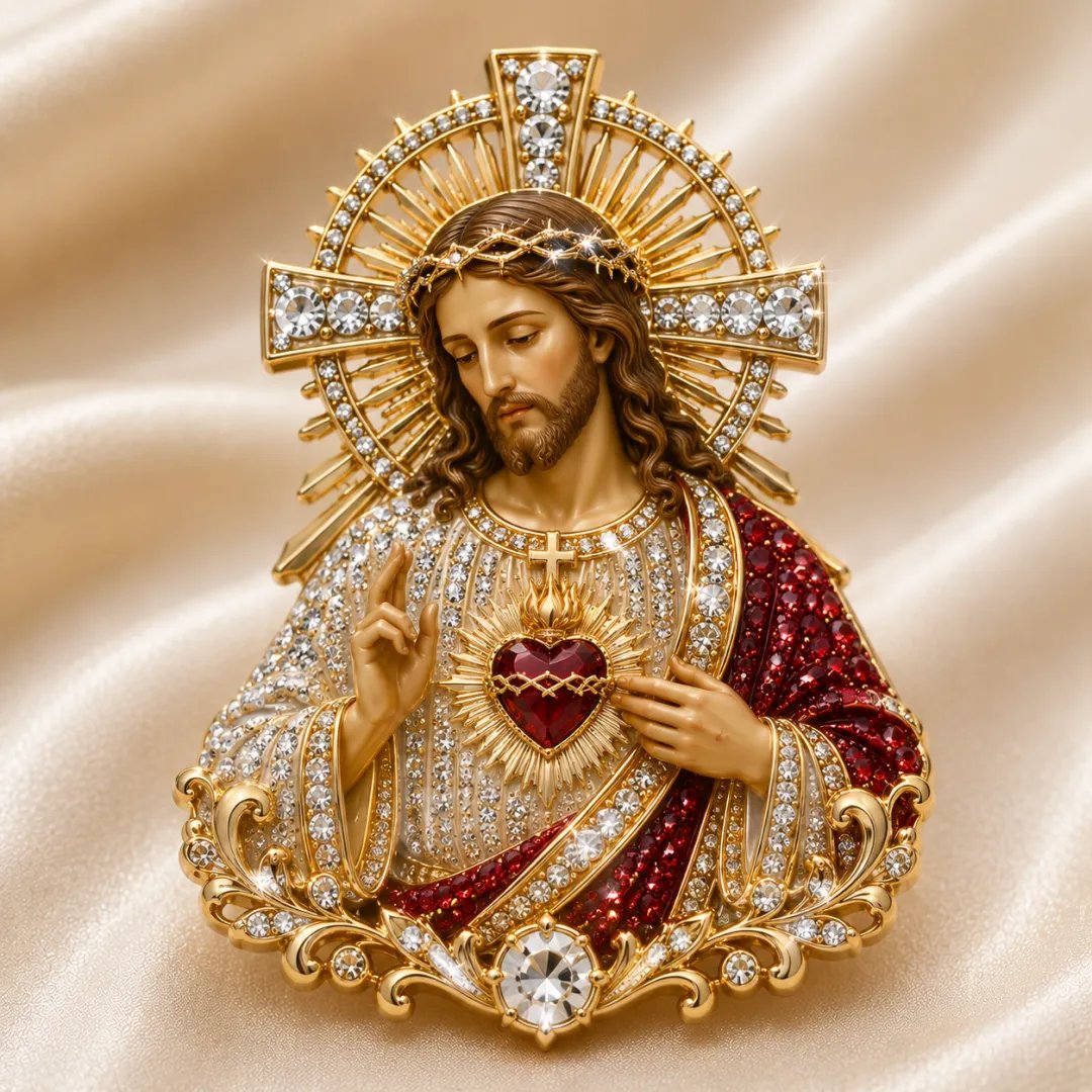 Sacred Heart of Jesus & Virgin Mary Crystal Brooch – Religious Faith Jewelry Gift