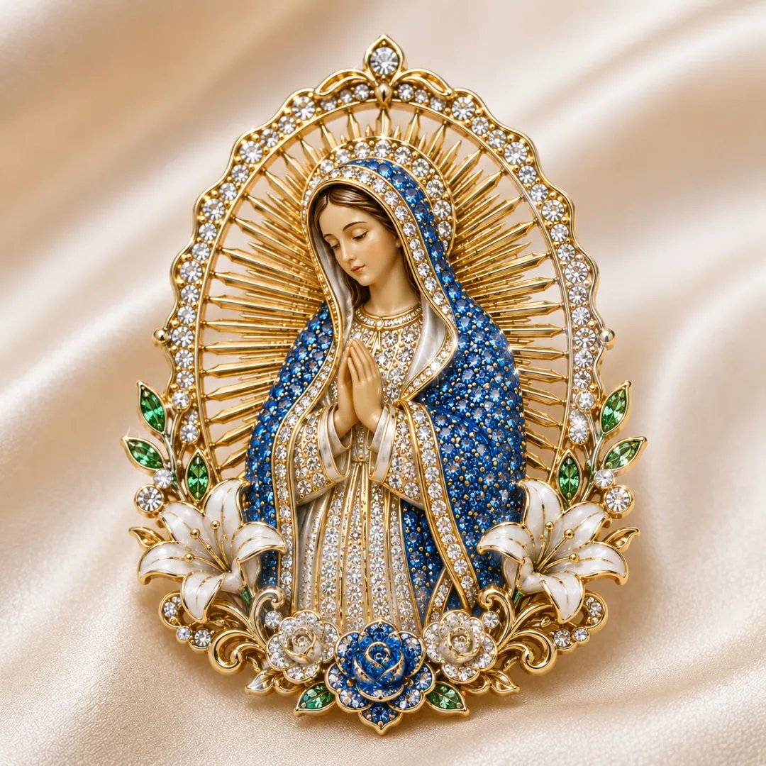 Sacred Heart of Jesus & Virgin Mary Crystal Brooch – Religious Faith Jewelry Gift
