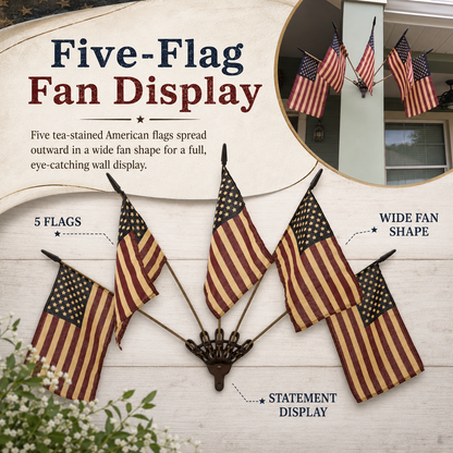 Rustic American Flag Wall Display – Five Tea-Stained Flags In Cast Iron Holder
