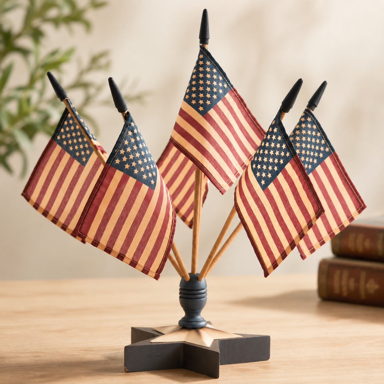 Rustic American Flag Wall Display – Five Tea-Stained Flags In Cast Iron Holder