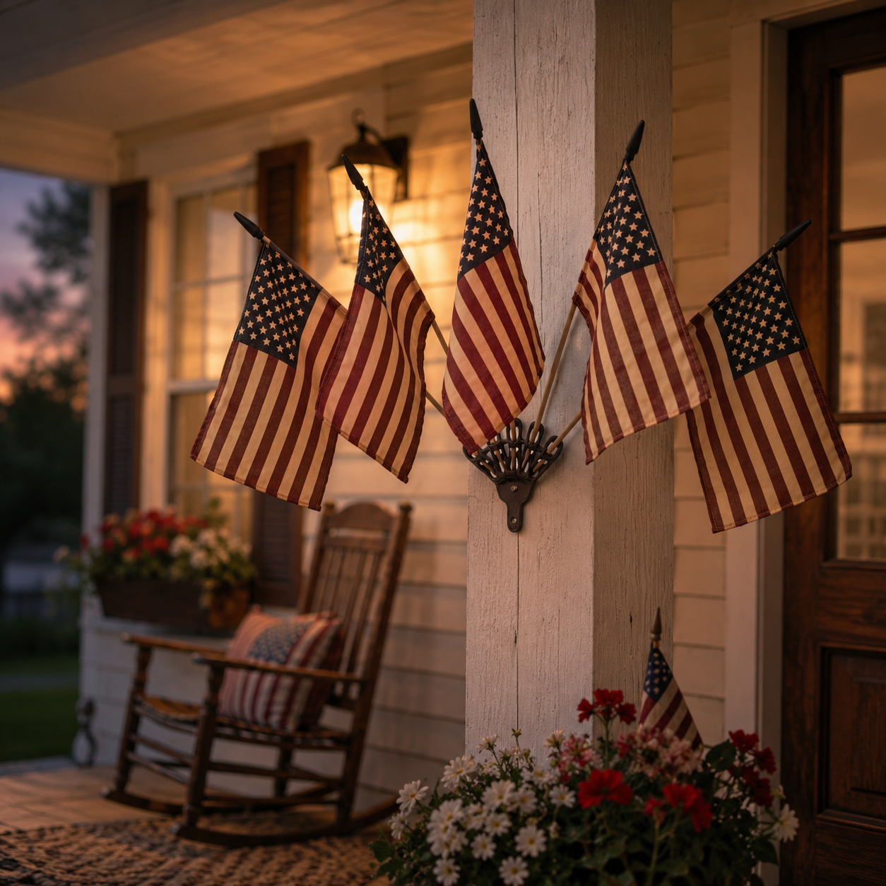 Rustic American Flag Wall Display – Five Tea-Stained Flags In Cast Iron Holder