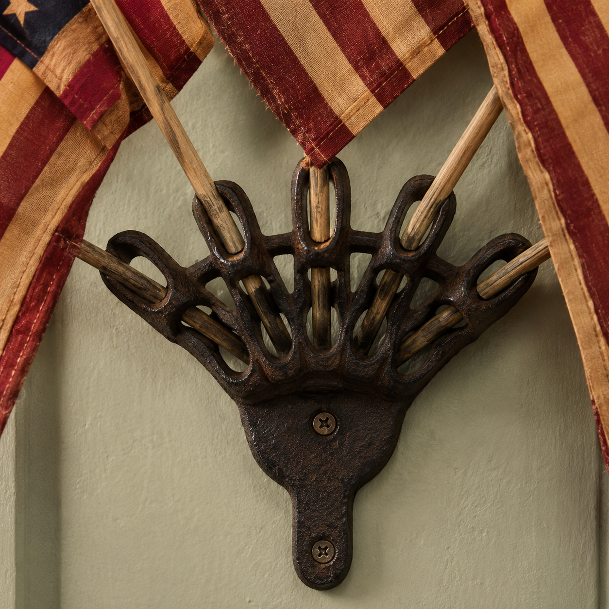 Rustic American Flag Wall Display – Five Tea-Stained Flags In Cast Iron Holder