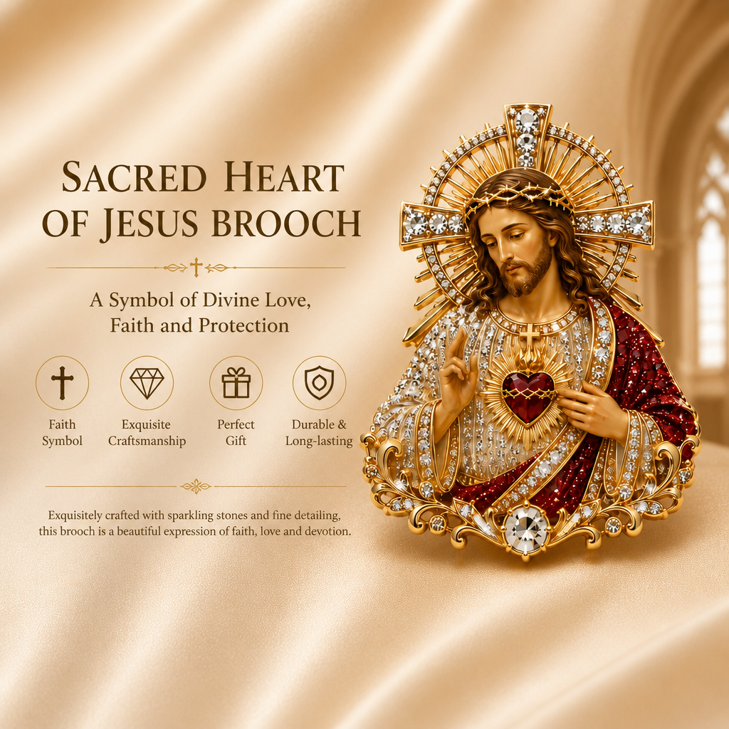 Sacred Heart of Jesus & Virgin Mary Crystal Brooch – Religious Faith Jewelry Gift