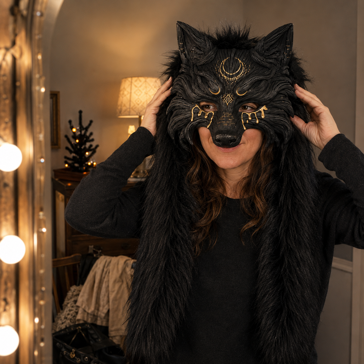 45% OFF🔥Viking Wolf Headdress – Black & Gold Werewolf Mask for Halloween, LARP & Cosplay