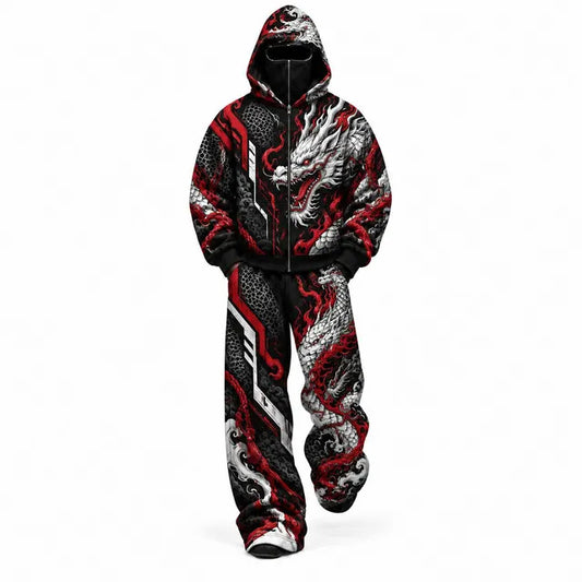 Black Japanese Dragon Mask Hoodie Tracksuit Set
