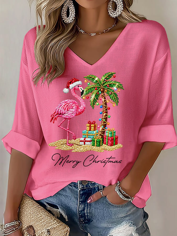 Women's Flamingo Christmas Print V Neck Top