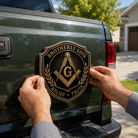 Freemason Metal Car Emblem – Brotherhood, Relief & Truth Masonic Badge for Cars, Trucks & Toolboxes