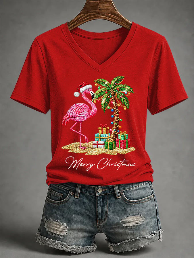 Women's Flamingo Christmas Print Casual T-shirt