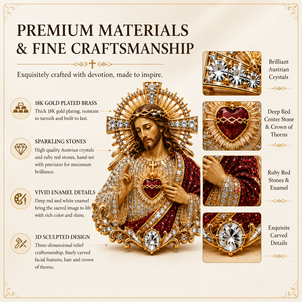 Sacred Heart of Jesus & Virgin Mary Crystal Brooch – Religious Faith Jewelry Gift