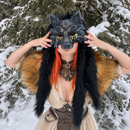 45% OFF🔥Viking Wolf Headdress – Black & Gold Werewolf Mask for Halloween, LARP & Cosplay
