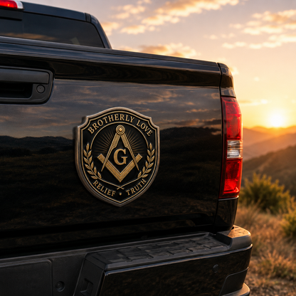 Freemason Metal Car Emblem – Brotherhood, Relief & Truth Masonic Badge for Cars, Trucks & Toolboxes