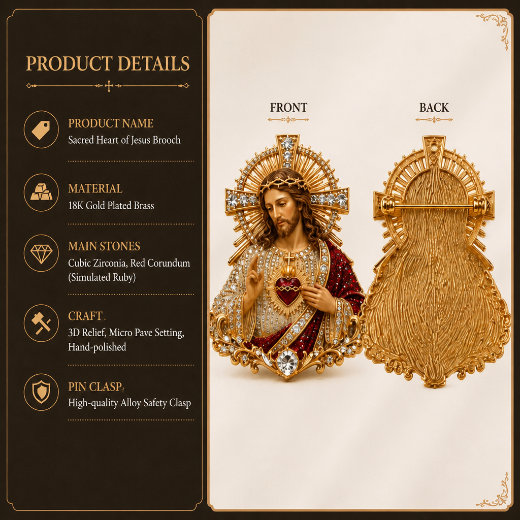 Sacred Heart of Jesus & Virgin Mary Crystal Brooch – Religious Faith Jewelry Gift