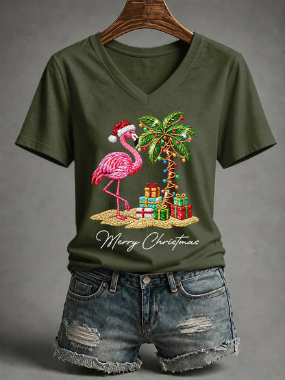 Women's Flamingo Christmas Print Casual T-shirt