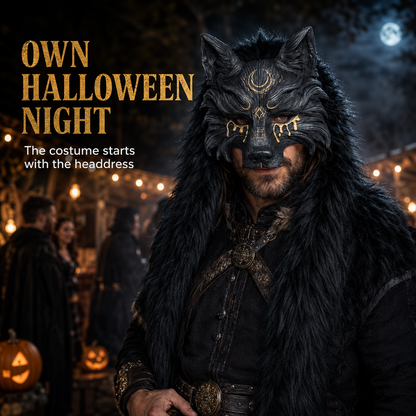 45% OFF🔥Viking Wolf Headdress – Black & Gold Werewolf Mask for Halloween, LARP & Cosplay
