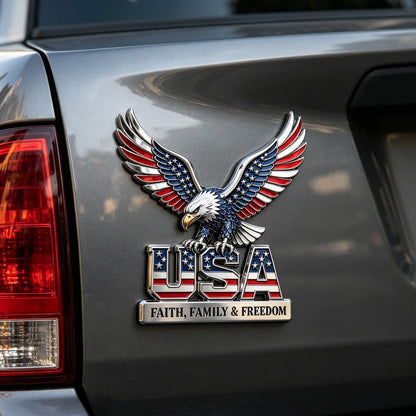 USA Faith, Family & Freedom Eagle Metal Emblem - Patriotic 3D Car Decal