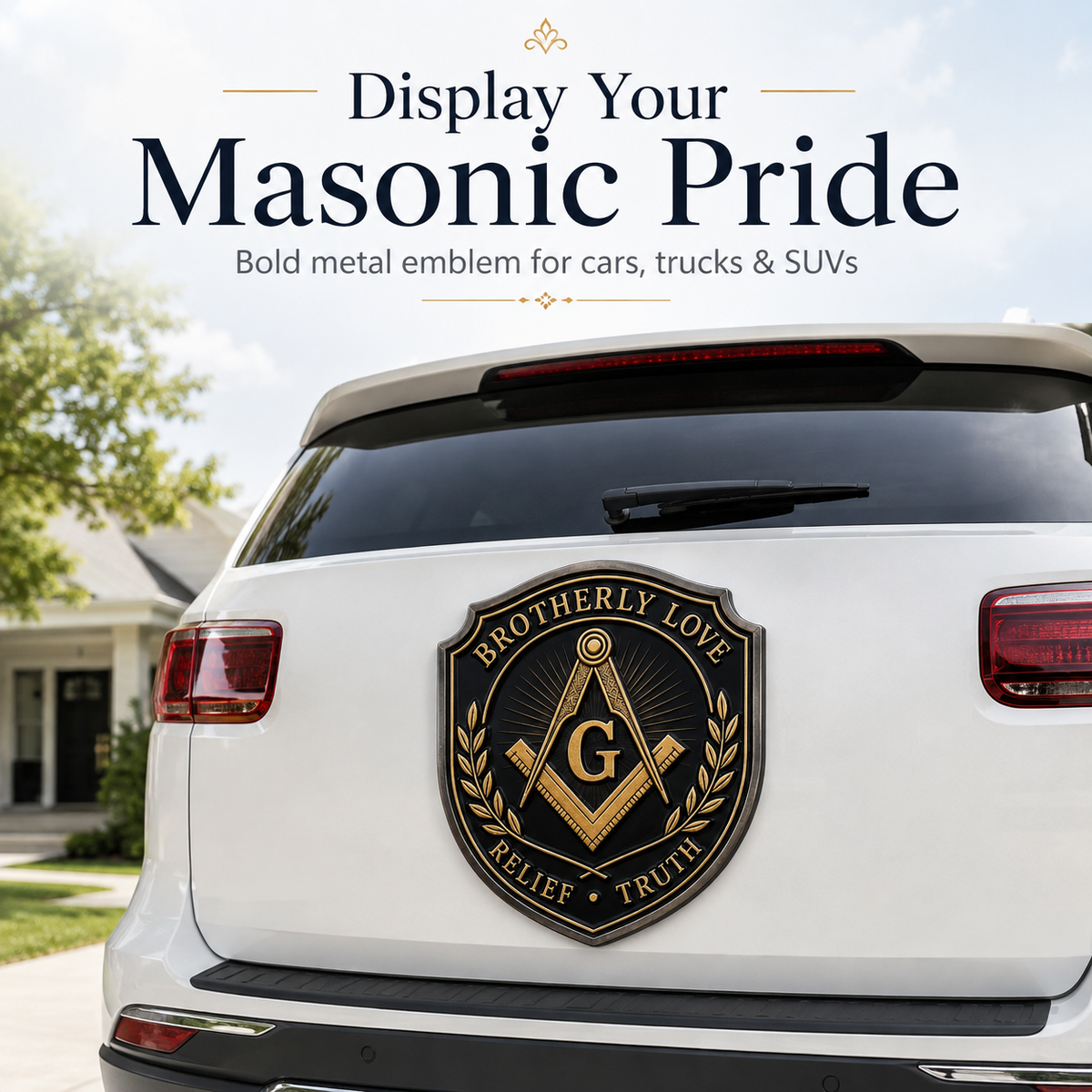 Freemason Metal Car Emblem – Brotherhood, Relief & Truth Masonic Badge for Cars, Trucks & Toolboxes