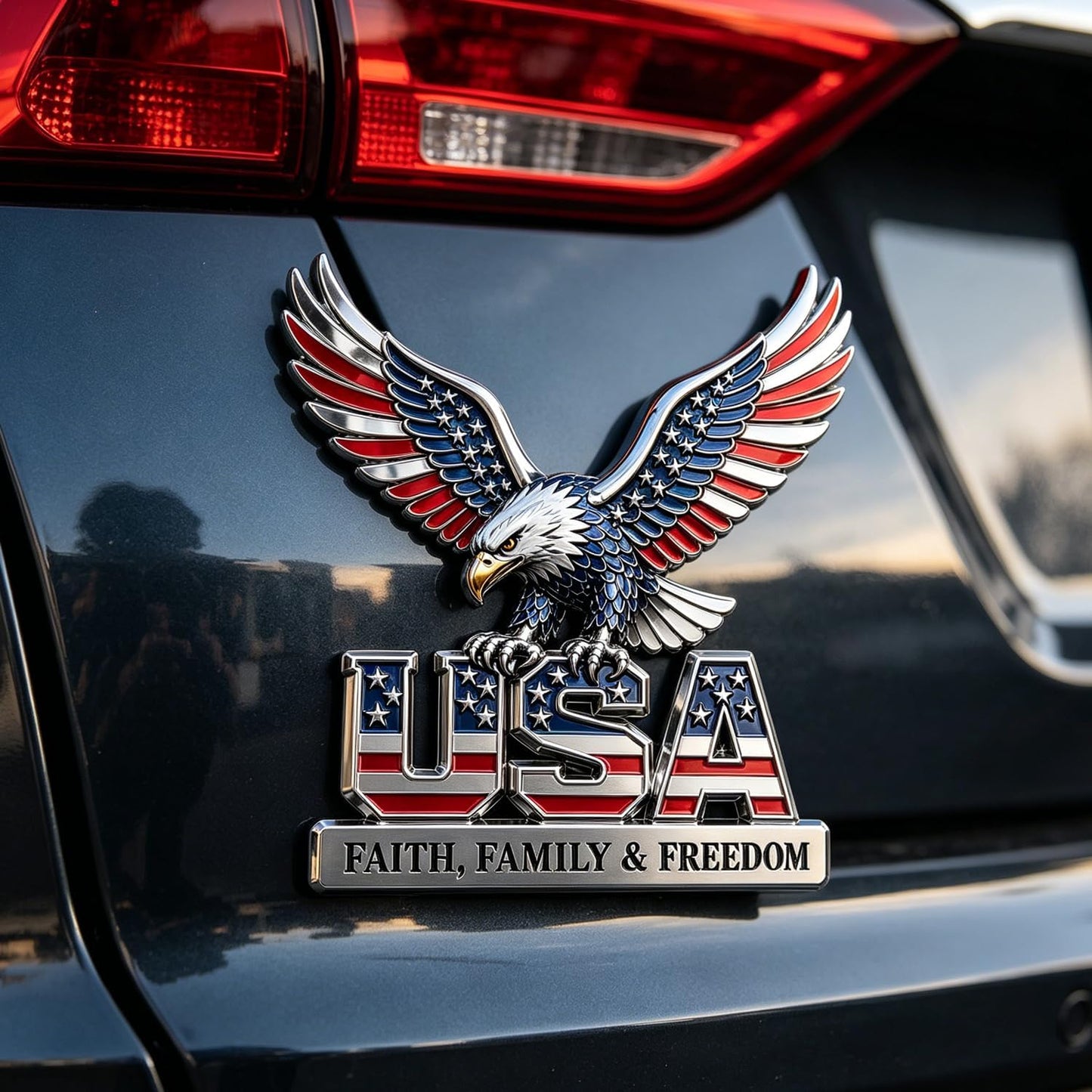 USA Faith, Family & Freedom Eagle Metal Emblem - Patriotic 3D Car Decal