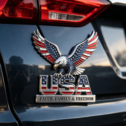 USA Faith, Family & Freedom Eagle Metal Emblem - Patriotic 3D Car Decal