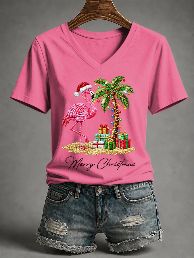 Women's Flamingo Christmas Print Casual T-shirt