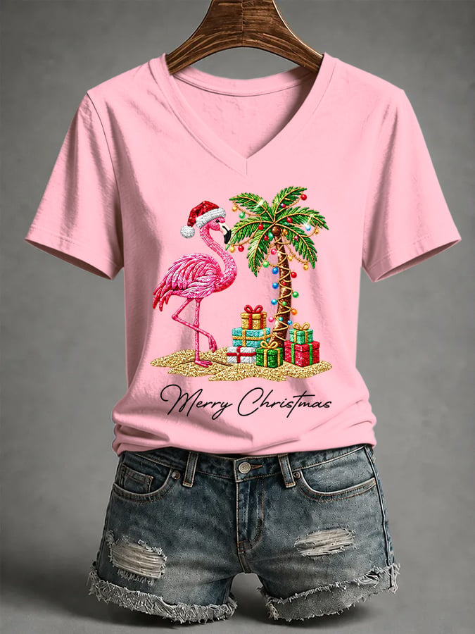 Women's Flamingo Christmas Print Casual T-shirt