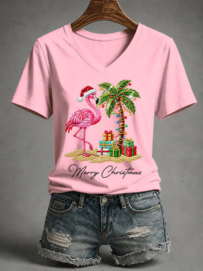 Women's Flamingo Christmas Print Casual T-shirt