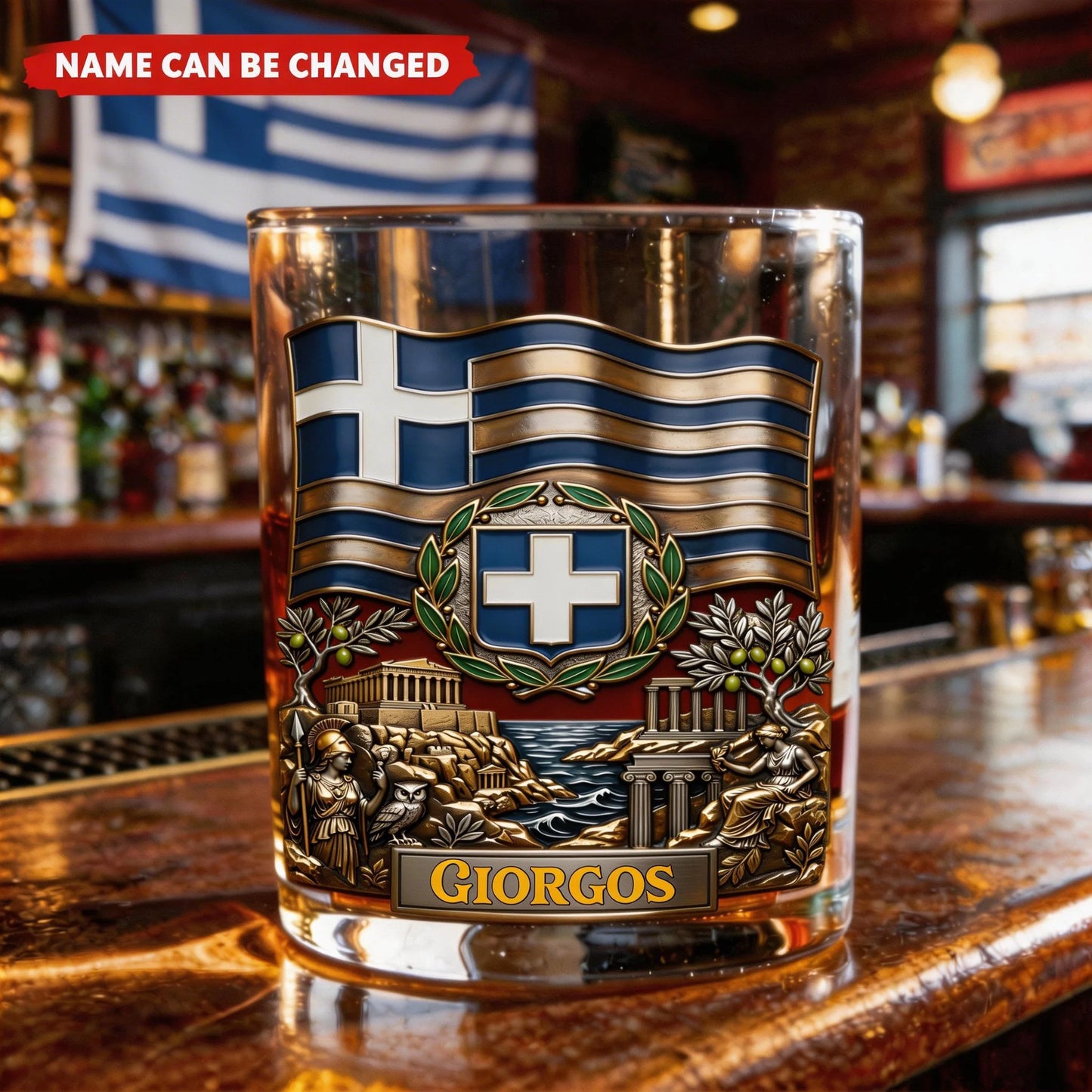 Personalized Greece Heritage Whiskey Glass – Custom Name With Flag and Ancient Landmarks