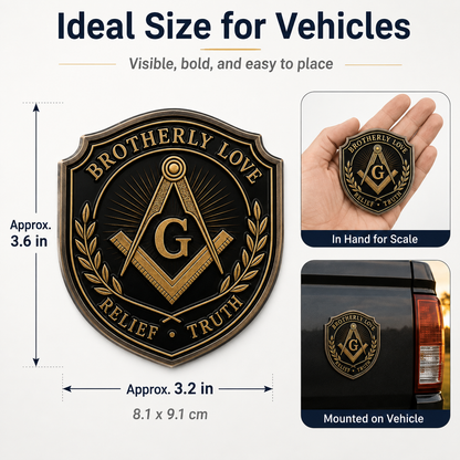 Freemason Metal Car Emblem – Brotherhood, Relief & Truth Masonic Badge for Cars, Trucks & Toolboxes