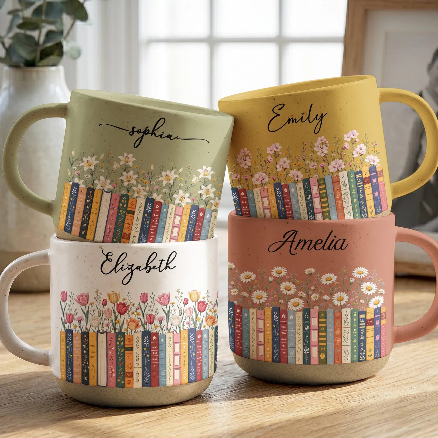 Custom Name & Birth Flower Mug - Personalized Birthday Gifts For Book Lovers, Readers & Book Club Friends - A Cup Full Of Stories