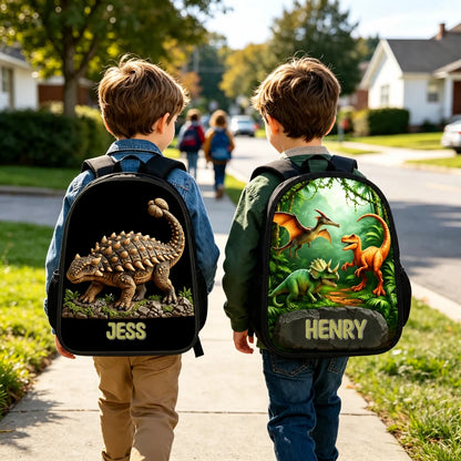 Custom Kids Dinosaur Backpack - Personalized Name Jungle Adventure School Bag