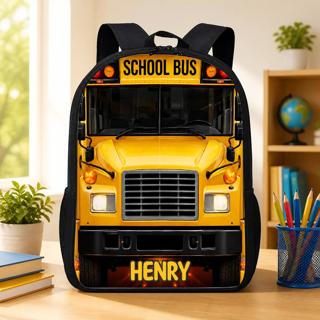 Custom School Bus Backpack - Personalized Name School Bag For Kids - Back To School Adventure