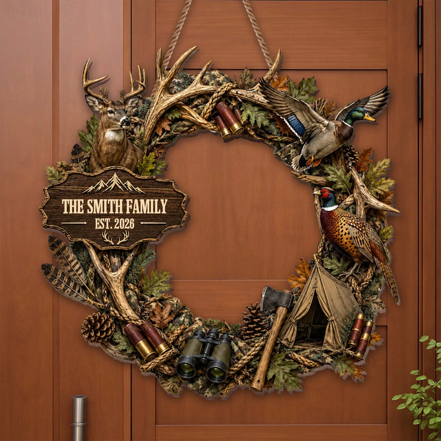 Custom Hunting Wreath Wooden Sign - Personalized Gifts For Hunting Families - Where The Wild Feels Like Home