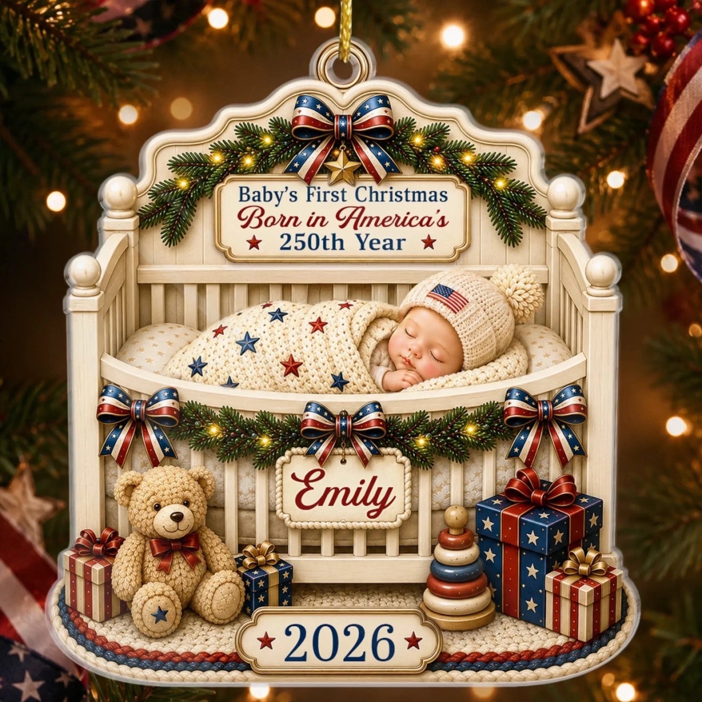 Custom Baby’s First Christmas Acrylic Ornament - Personalized America 250th Anniversary Gifts - Born In A Historic Year
