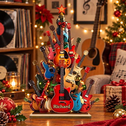 Custom Guitar Tree Wooden Plaque - Personalized Name Keepsake For Guitar Players - Rock Around The Holidays