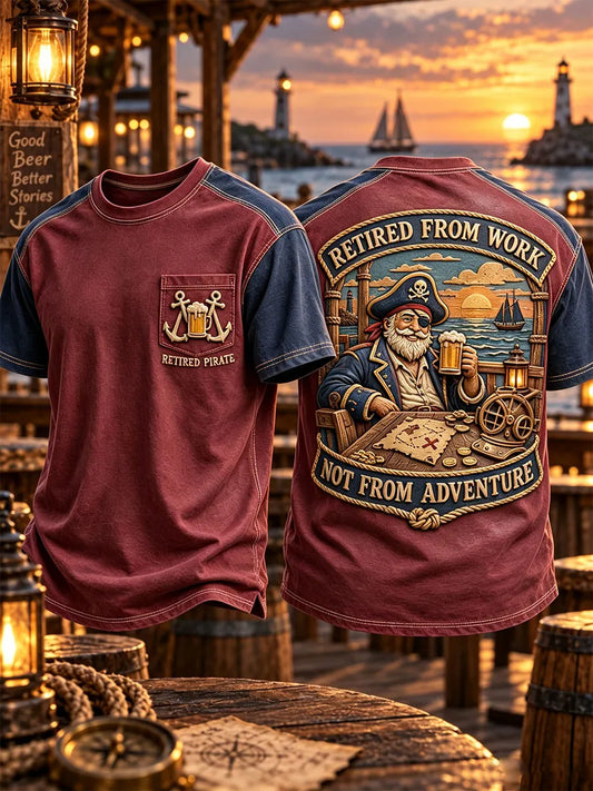 Men’s Retired Pirate Adventure Vintage Color Block Graphic Pocket T-Shirt