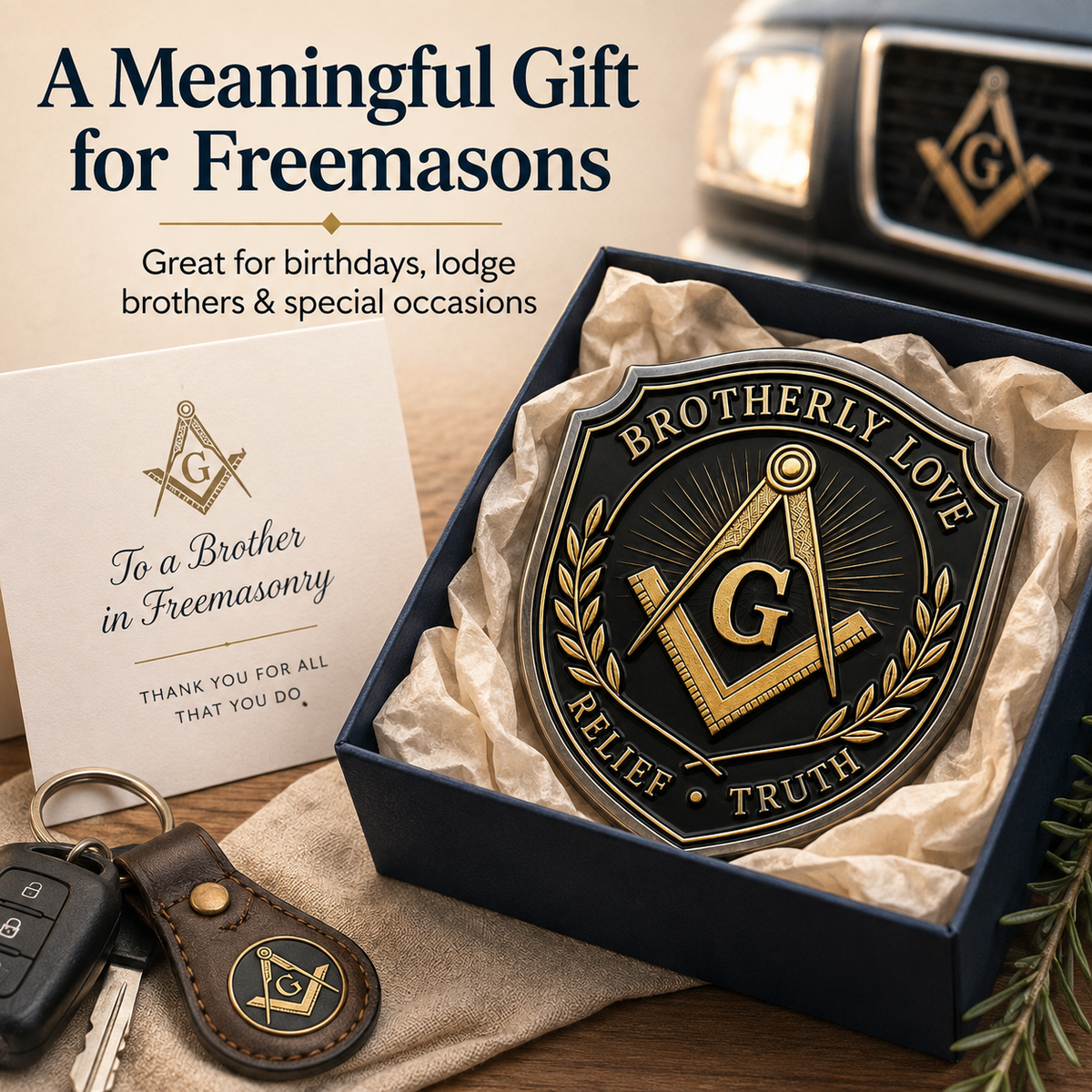 Freemason Metal Car Emblem – Brotherhood, Relief & Truth Masonic Badge for Cars, Trucks & Toolboxes