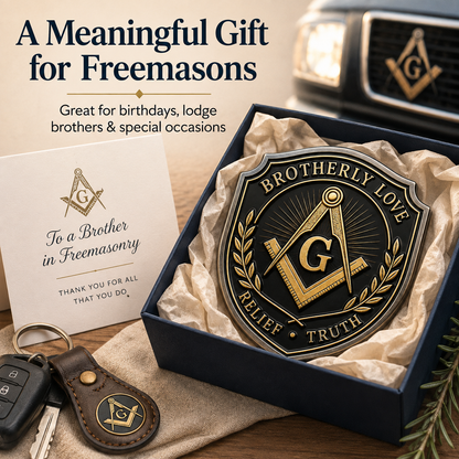 Freemason Metal Car Emblem – Brotherhood, Relief & Truth Masonic Badge for Cars, Trucks & Toolboxes