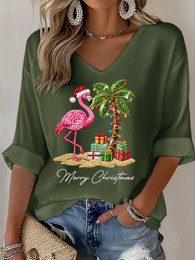 Women's Flamingo Christmas Print V Neck Top
