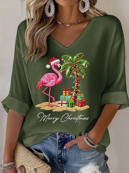 Women's Flamingo Christmas Print V Neck Top