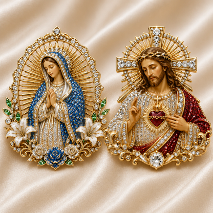 Sacred Heart of Jesus & Virgin Mary Crystal Brooch – Religious Faith Jewelry Gift